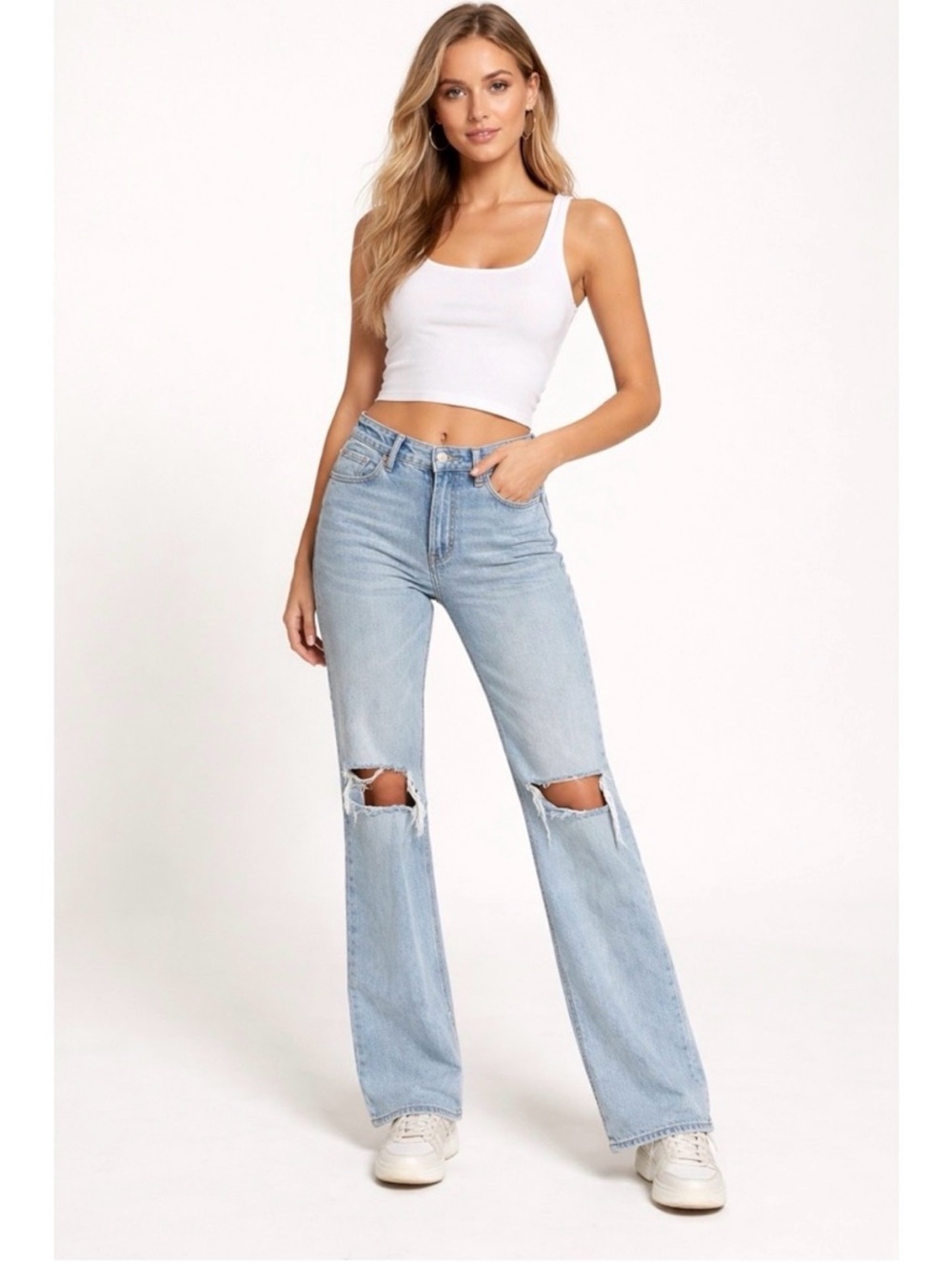 American Eagle, High-Rise Light Wash Distressed Straight-Leg Jeans - Light Blue - Picture 1 of 9